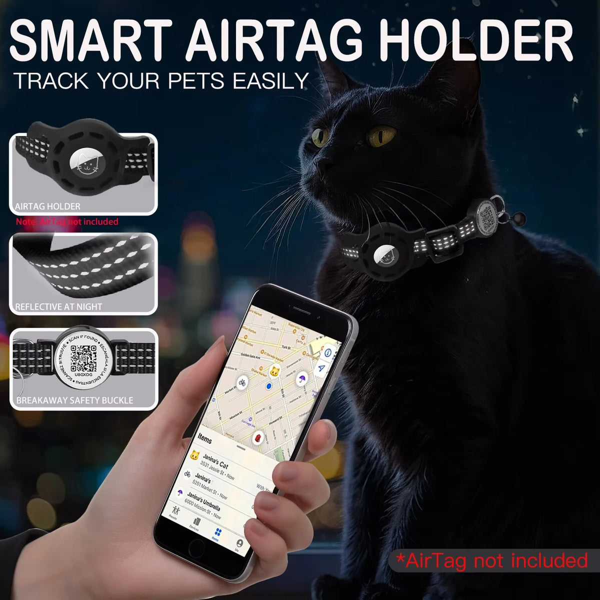 Collar para Gato con Placa QR y Funda para Localizador – Con broche de seguridad